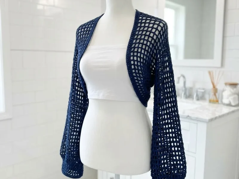 Navy open weave crochet shrug made from one folded rectangle