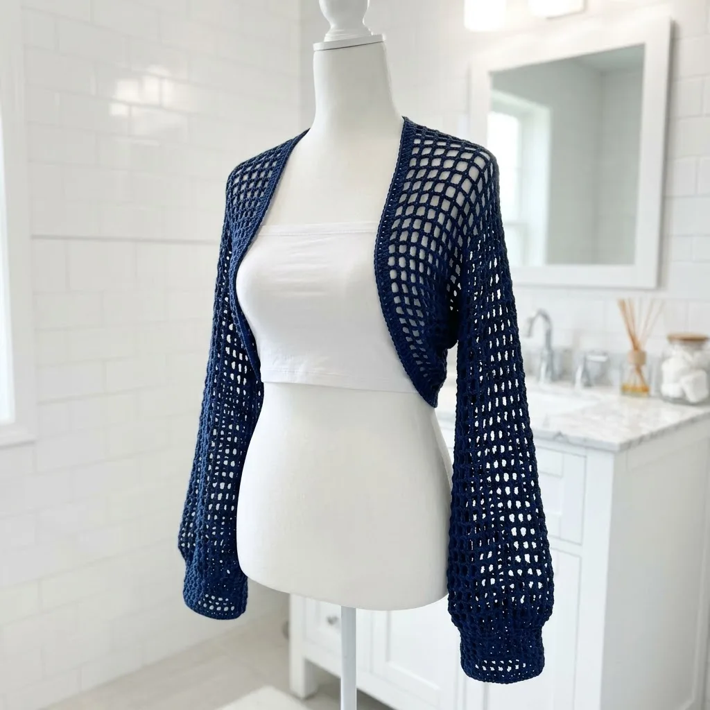 Navy open weave crochet shrug made from one folded rectangle