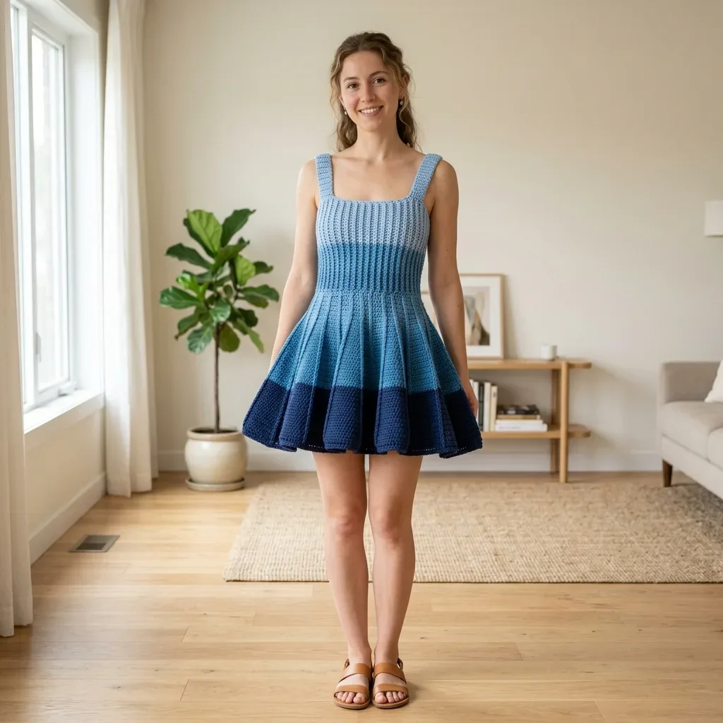Ombre skater dress crochet pattern in ocean blues