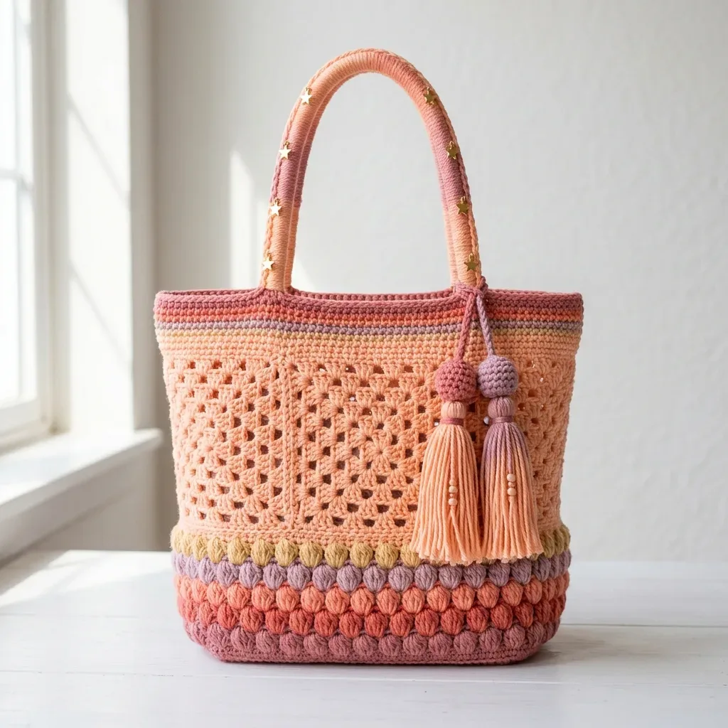 Pastel sunset granny tote with a bobble band