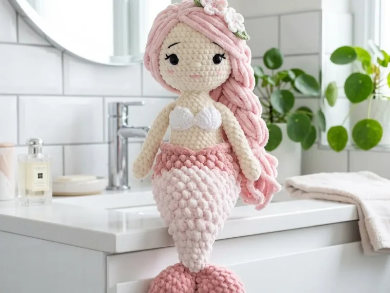 Pink velvet mermaid doll with a scalloped shell top
