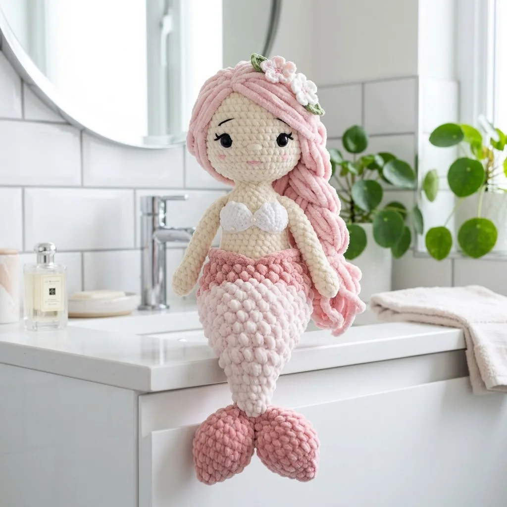 Pink velvet mermaid doll with a scalloped shell top