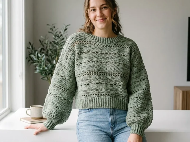 Sage green boho lace crochet pullover pattern