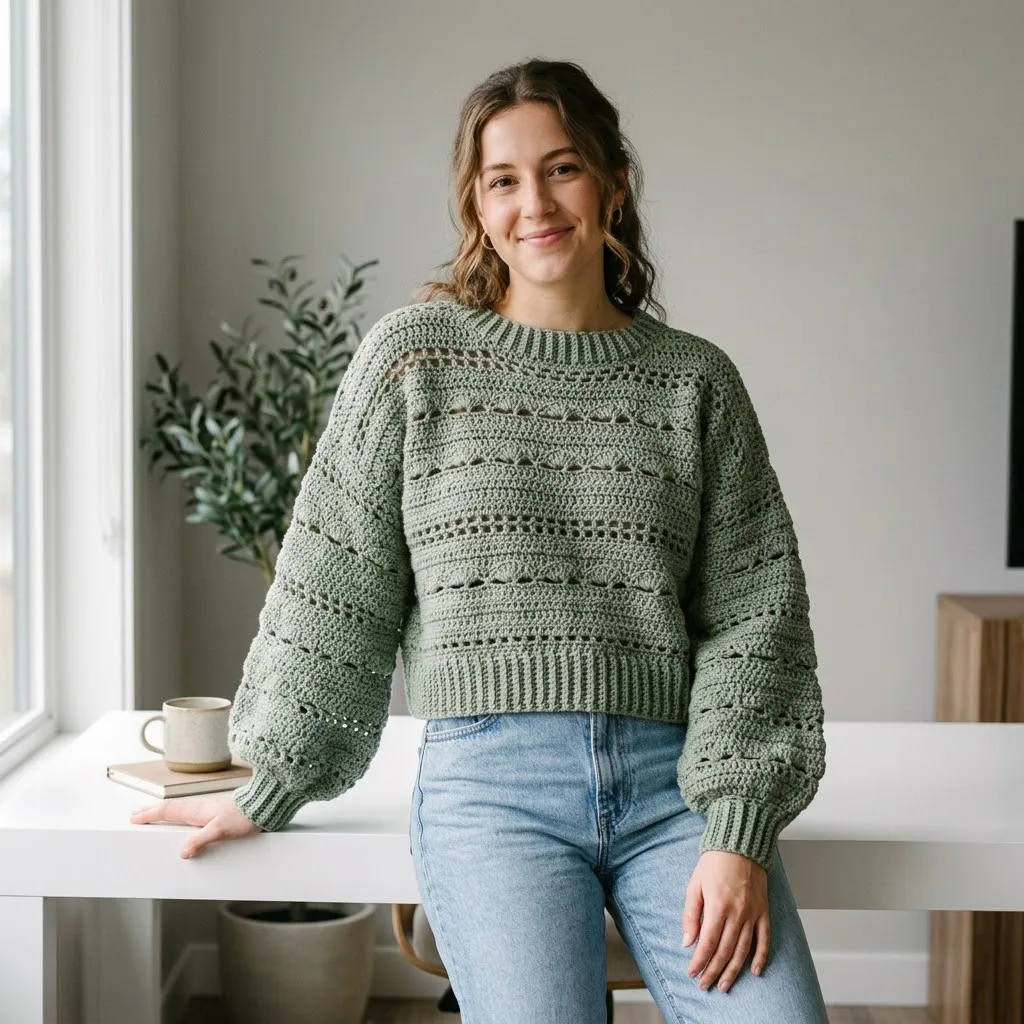 Sage green boho lace crochet pullover pattern