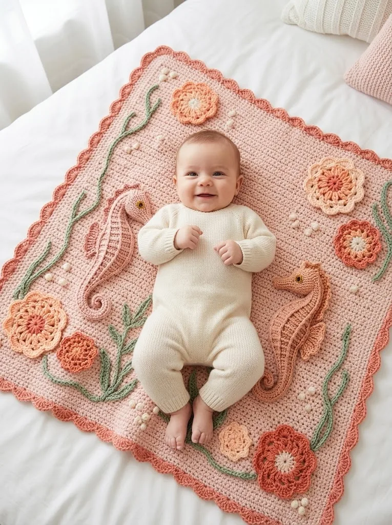 Seahorse appliqué baby blanket crochet pattern in blush pink — photo 2
