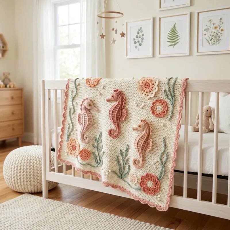 Seahorse appliqué baby blanket crochet pattern in blush pink — photo 3