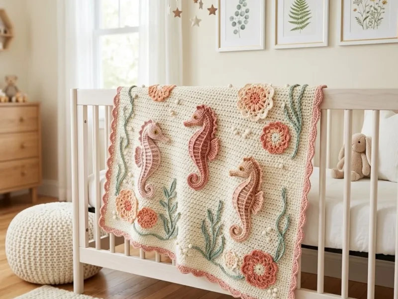Seahorse appliqué baby blanket crochet pattern in blush pink