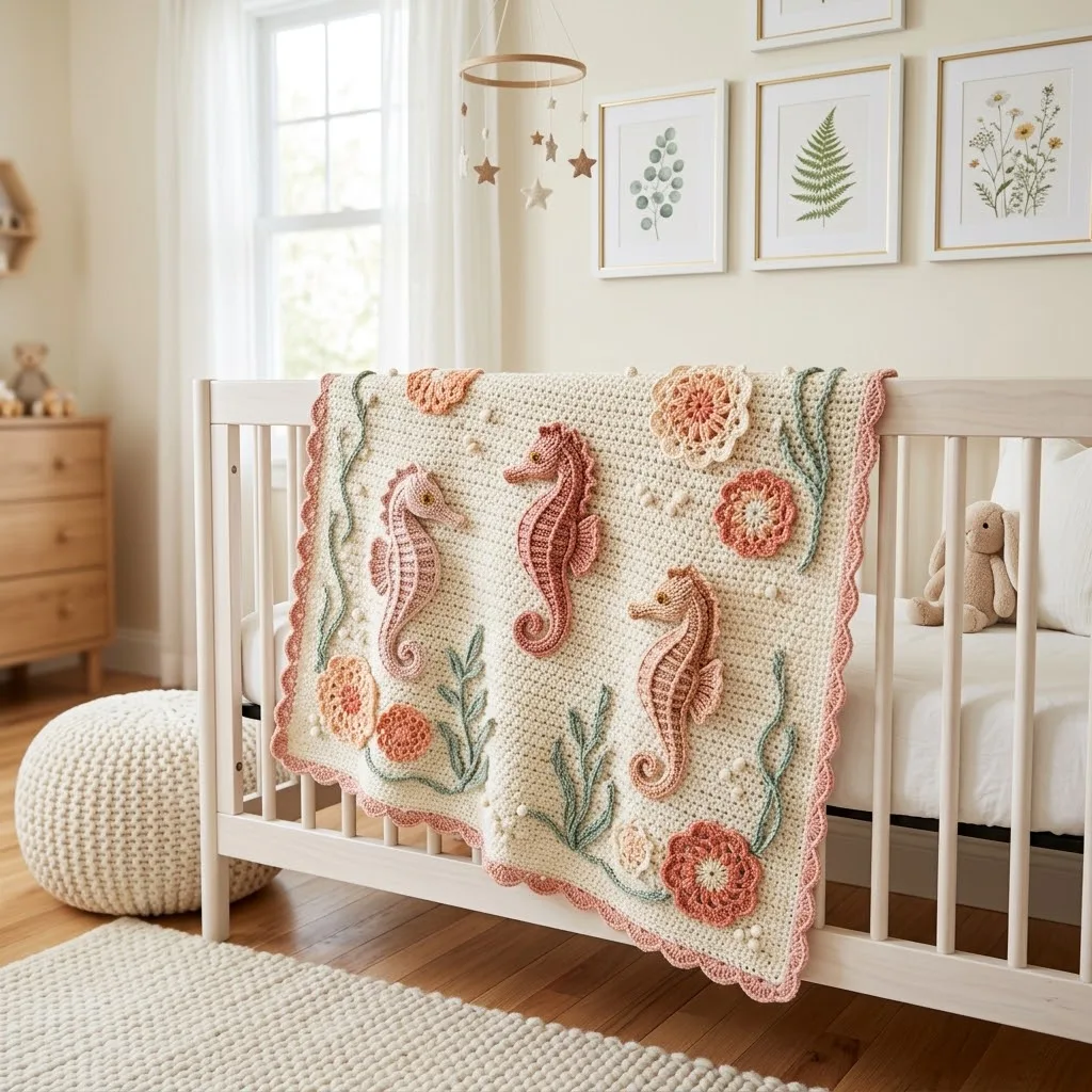 Seahorse appliqué baby blanket crochet pattern in blush pink