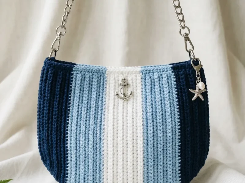 Striped ribbed crochet clutch with a chain strap