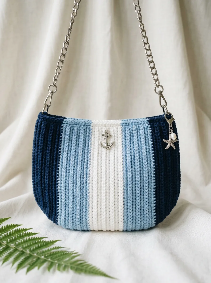 Striped ribbed crochet clutch with a chain strap