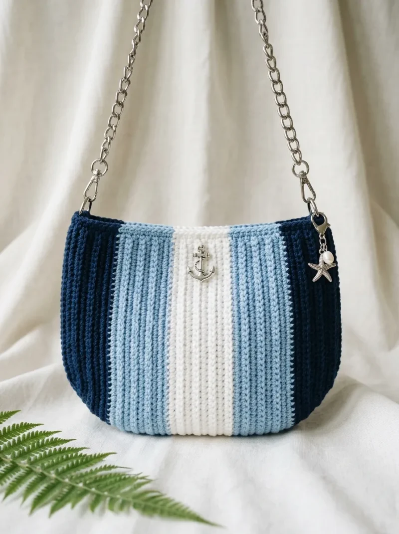 Striped ribbed crochet clutch with a chain strap — photo 2