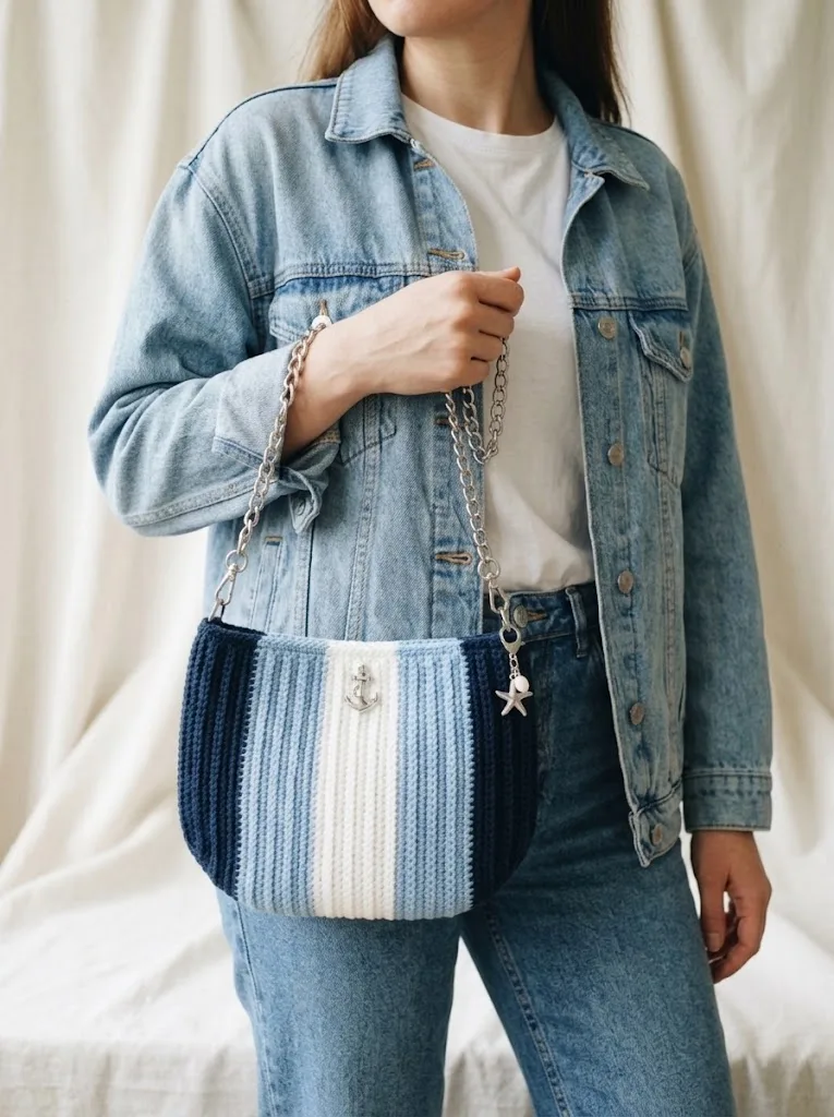Striped ribbed crochet clutch with a chain strap — photo 3