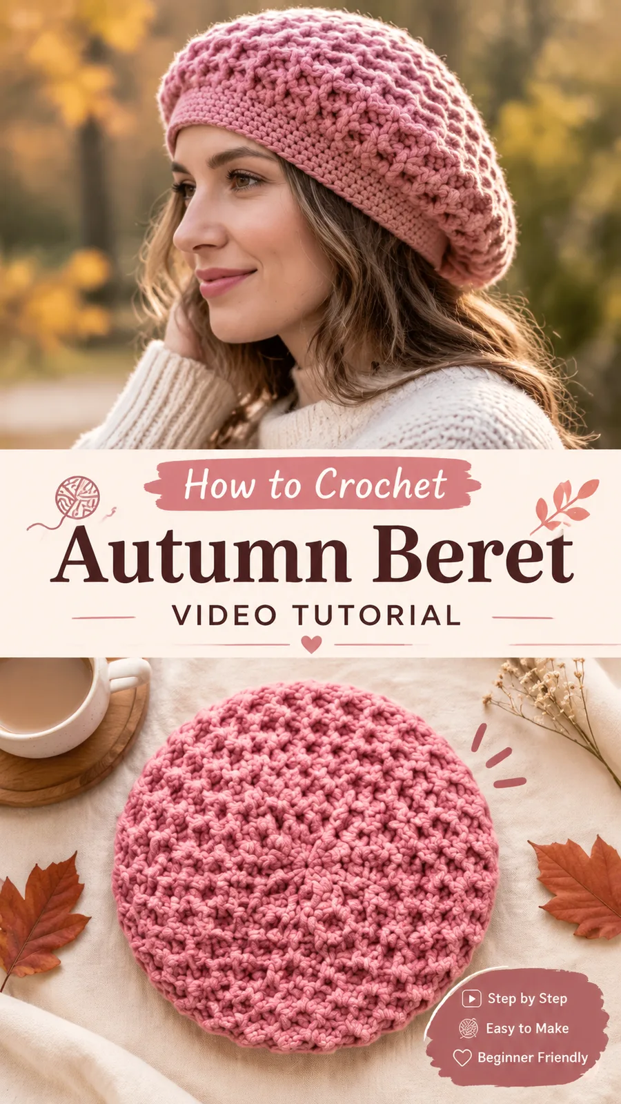 Textured crochet beret pattern for cozy fall hats